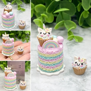 One of a Kind Miniature Polymer Clay Unicorn/Rainbow Layer Cake with Extra Cupcake