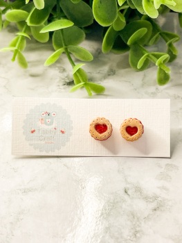Miniature Polymer Clay Jammy Dodger Inspired Stud Earrings - Red/Beige
