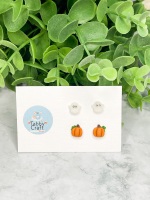 Miniature Polymer Clay Pumkin and Ghost Stud Earrings - Orange/White