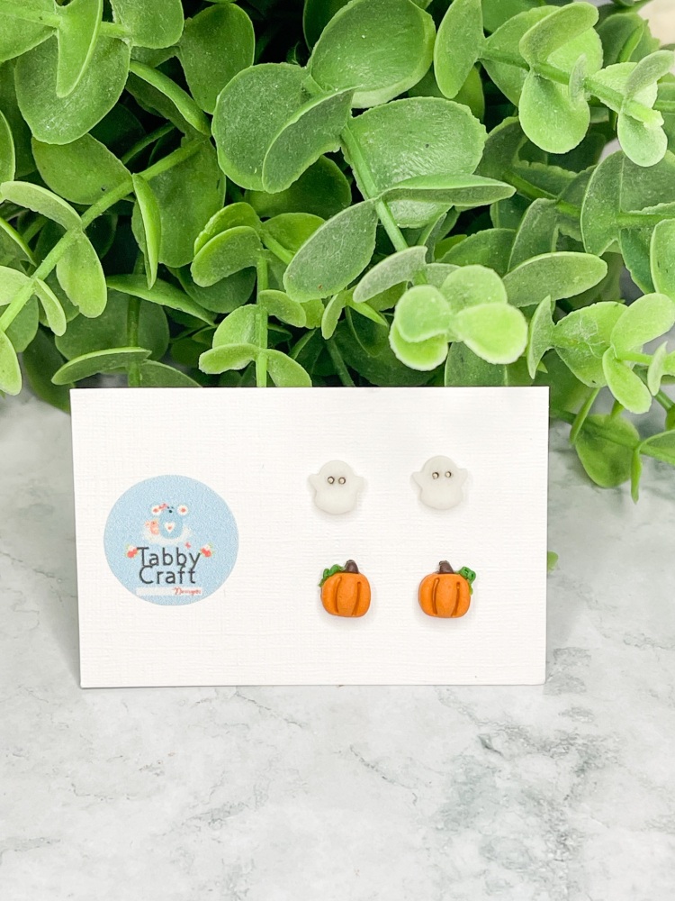Miniature Polymer Clay Pumkin and Ghost Stud Earrings - Orange/White