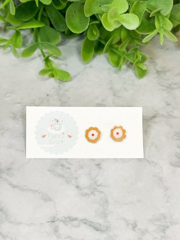 Miniature Polymer Clay Bakewell Tart Inspired Stud Earrings - white/brown