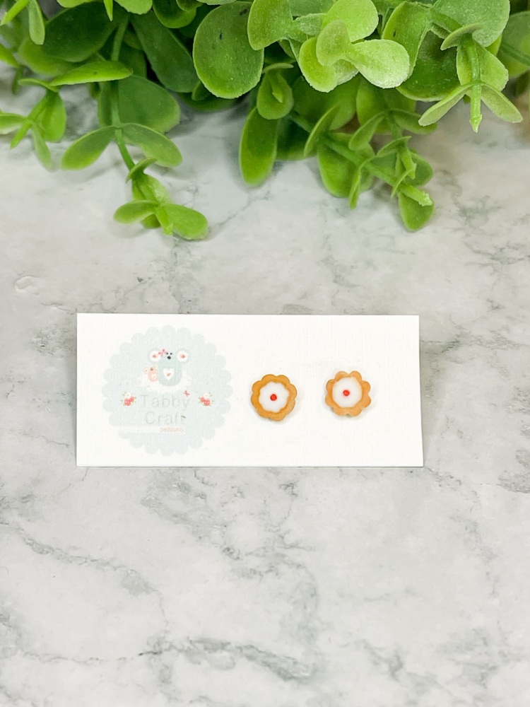 Miniature Polymer Clay Bakewell Tart Inspired Stud Earrings - white/brown