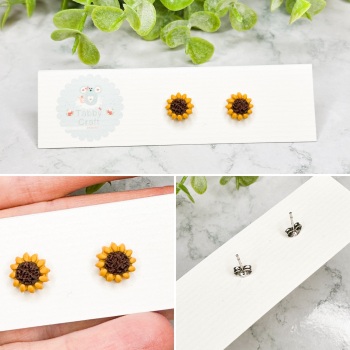 Miniature Polymer Clay Small Sunflower Stud Earrings - Brown/Beige
