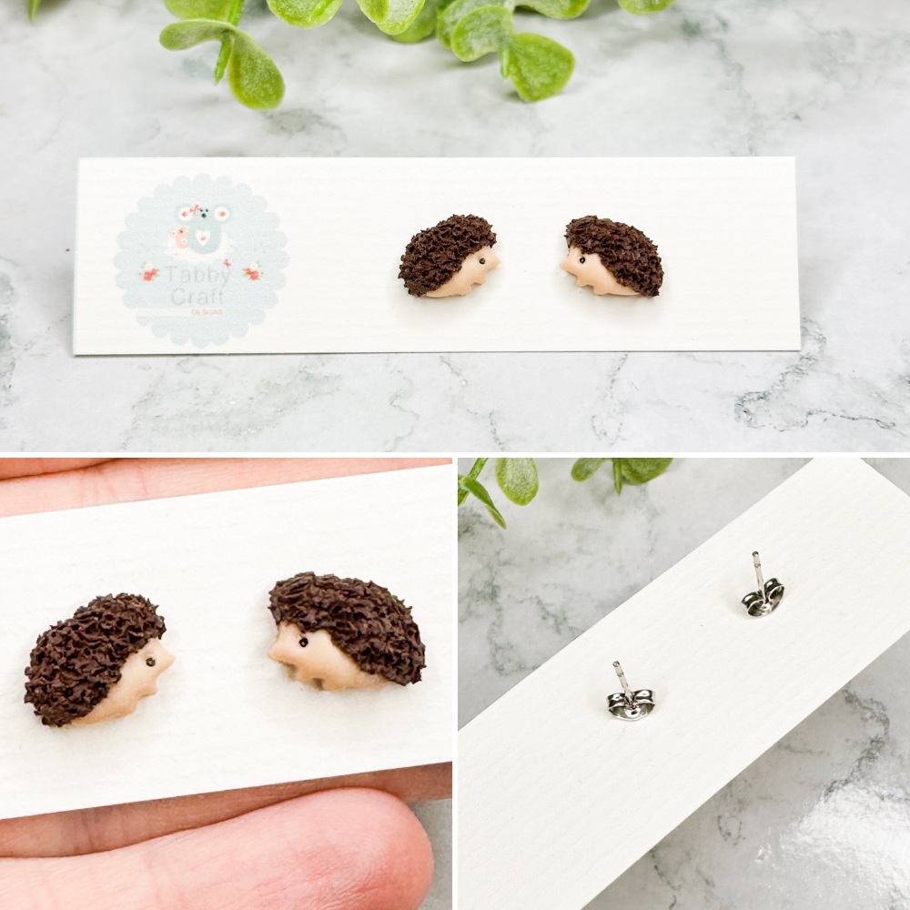 Miniature Polymer Clay Small Hedgehog Stud Earrings - Brown/Beige