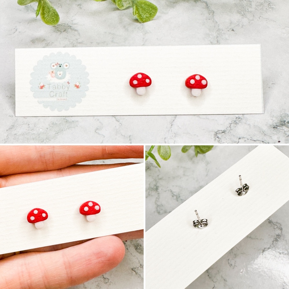 Miniature Polymer Clay Small Toadstool Stud Earrings - Red