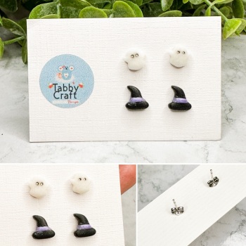 Miniature Polymer Clay Ghost and Witches Hat Stud Earrings -Black/White