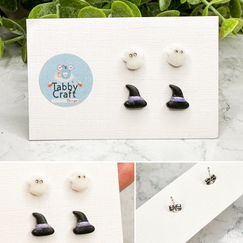 Miniature Polymer Clay Ghost and Witches Hat Stud Earrings -Black/White
