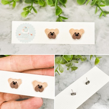 Miniature Polymer Clay Teddy Bear Head Stud Earrings - Beige