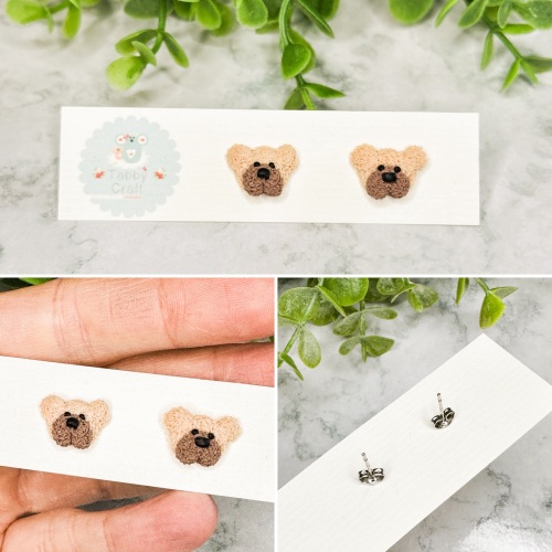 Miniature Polymer Clay Teddy Bear Head Stud Earrings - Beige