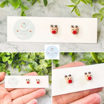 Miniature Polymer Clay Small Rudolf Reindeer Stud Earrings - Brown/Beige