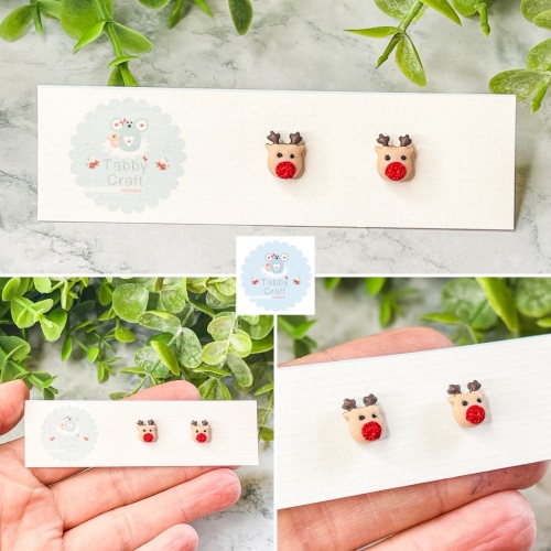 Miniature Polymer Clay Small Rudolf Reindeer Stud Earrings - Brown/Beige