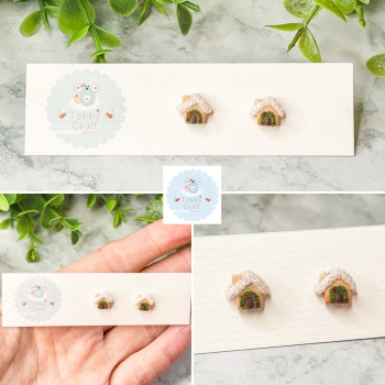 Miniature Polymer Clay Small Christmas House Stud Earrings - Brown/Beige