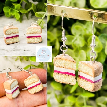 Miniature Polymer Clay Victoria Sponge Cake Slice Earrings - White/Beige