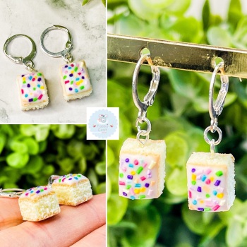 Miniature Polymer Clay Sprinkle School Cake Earrings - White/Beige