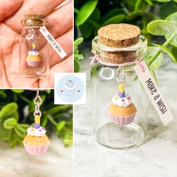 One of a Kind Miniature Polymer Clay Make a Wish Cupcake in a Glass Bottle - Pink