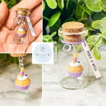 One of a Kind Miniature Polymer Clay Make a Wish Cupcake in a Glass Bottle - Lilac