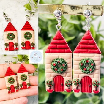 Miniature Polymer Clay Tall Christmas House Earrings  - Red/Green