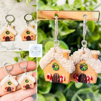 Miniature Polymer Clay Christmas Cottage Earrings  - Red/Green
