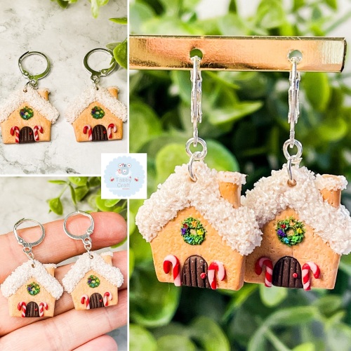 Miniature Polymer Clay Christmas Cottage Earrings  - Red/Green