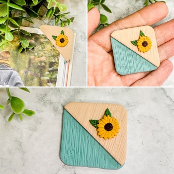 Polymer Clay Corner Bookmark with Sunflower  - Beige/Teal