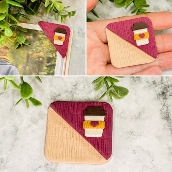 Polymer Clay Corner Bookmark with Coffee Cup  - Beige/Berry