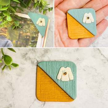 Polymer Clay Corner Bookmark with Bee Jumper  - Mustard/Teal