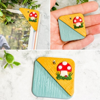 Polymer Clay Corner Bookmark with Toadstool  - Teal/Mustard