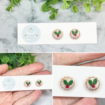 Miniature Polymer Clay Small Christmas Holly Mince Pie Stud Earrings - Brown/Beige