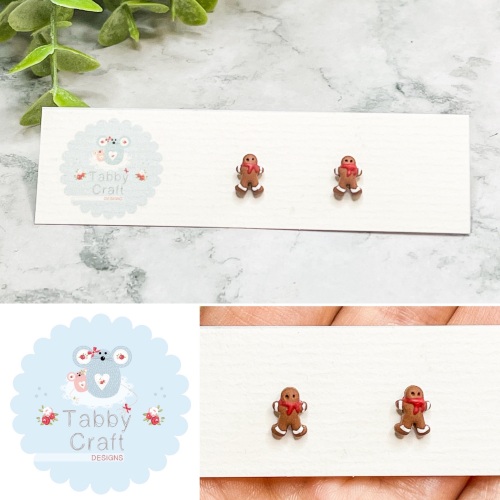 Miniature Polymer Clay Small Gingerbread Man Stud Earrings - Tan/Red
