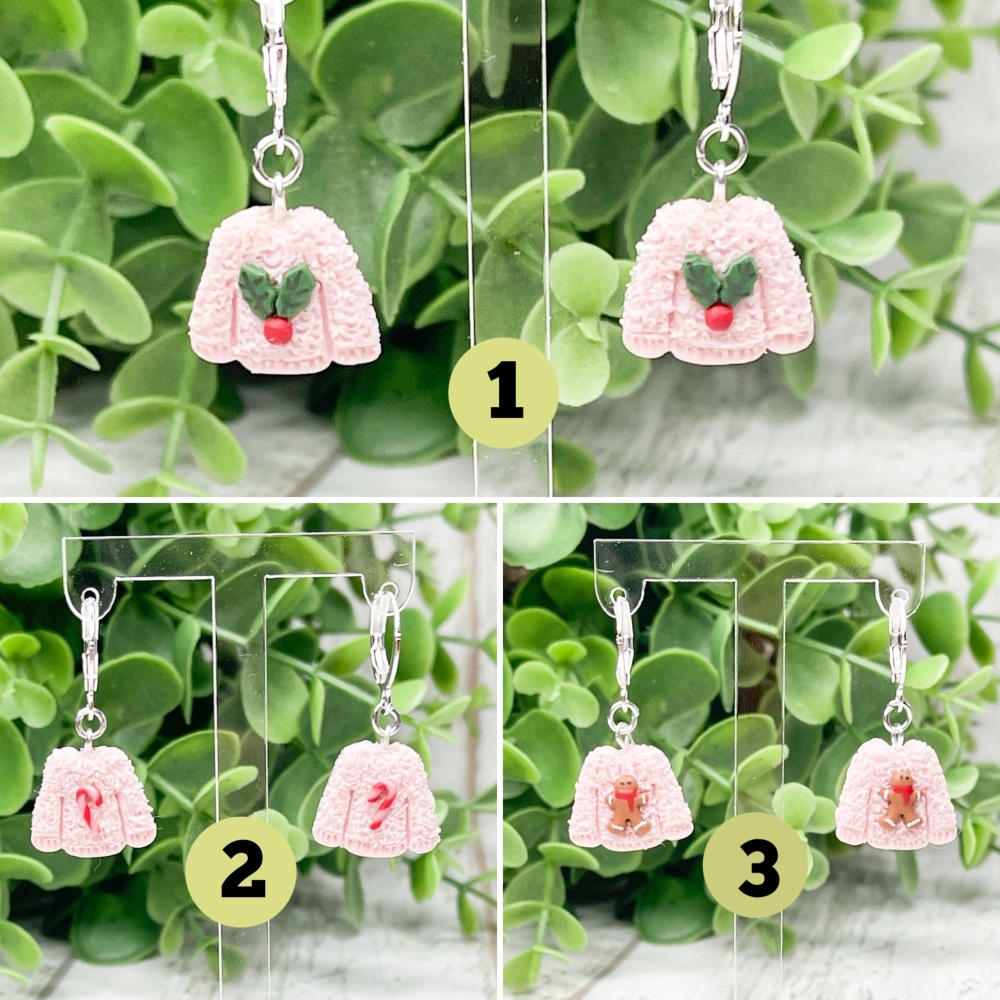 Miniature Polymer Clay Christmas Fluffy Jumper Earrings  - Pink