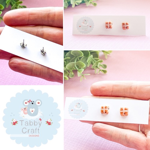 Miniature Polymer Clay Small Spring Hotcross Bun Stud Earrings - Brown/Beig
