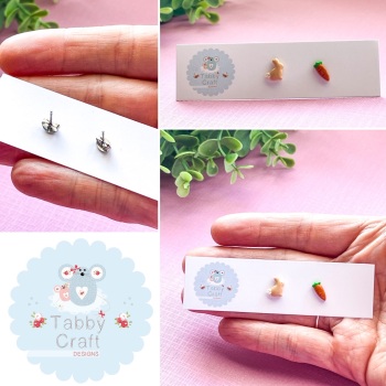 Miniature Polymer Clay Small Spring Bunny and Carrot Stud Earrings - Beige/Orange