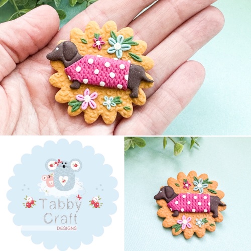 Miniature Polymer Clay Large Sausage Dog Flower Brooch - Mustard Yellow