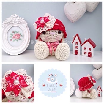 Winter Sparkly Bunny with Hat and Fabric Flower - Ivory Sparkle and Red