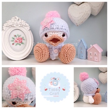 Duckie with Bobble Hat and Small Flower - White, Pale Blue and Pink