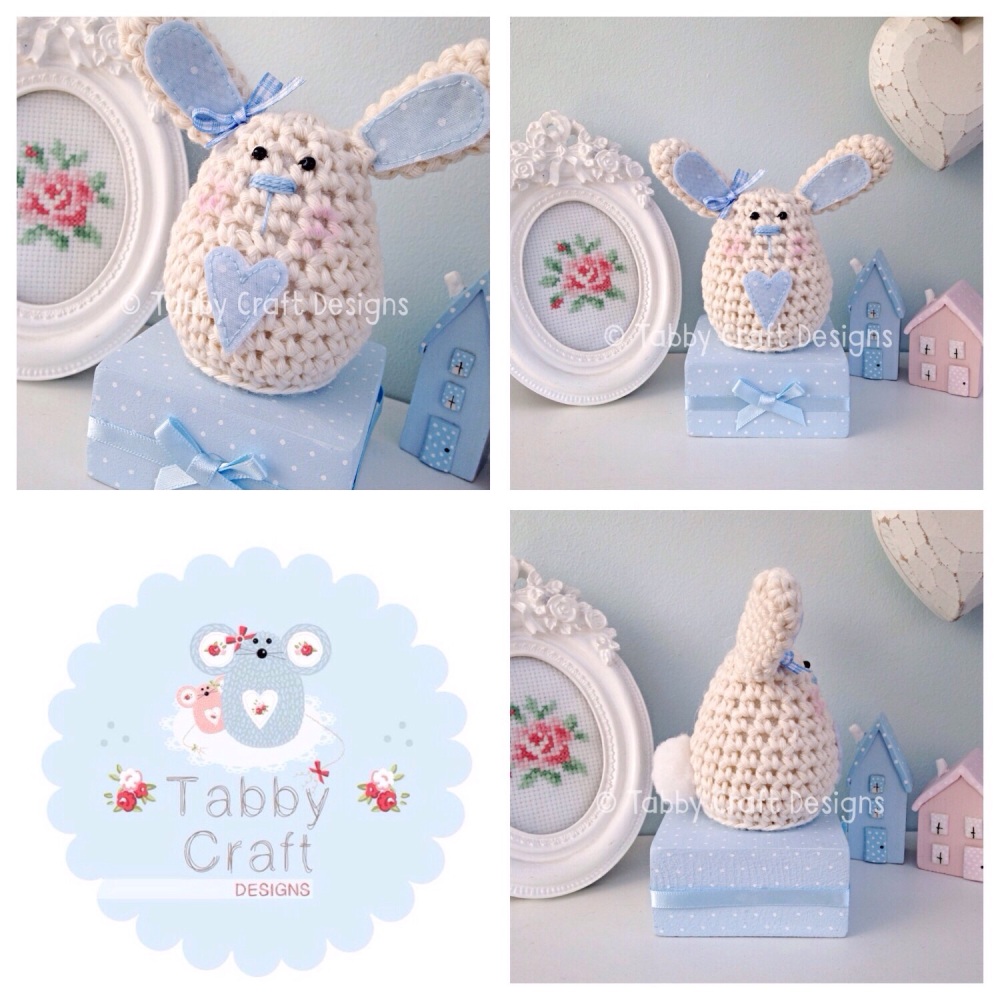 Small Bunny on a Block - Ivory and Blue