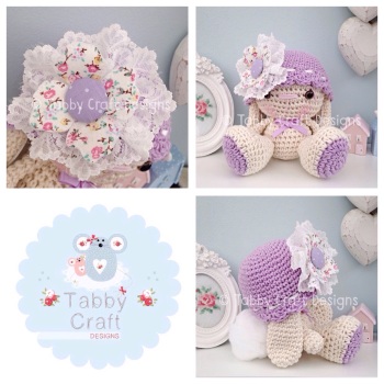 Bunny with Hat with Fabric Flower - Ivory and Lilac