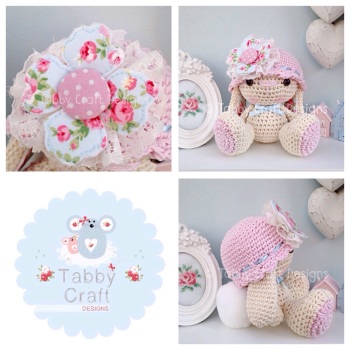 Bunny with Hat and Fabric Flower - Ivory, Blue and Pink