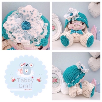 Bunny with Hat and Fabric Flower - Ivory and Teal