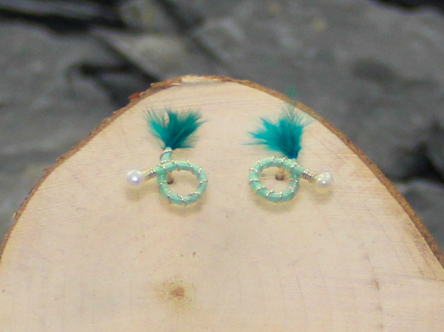 Lime green round earrings turquoise green feather nymph earrings