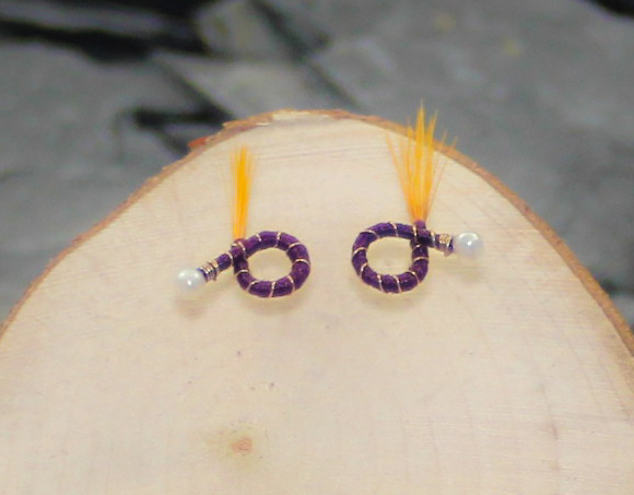 Dark purple round earrings yellow feather a nymph earrings