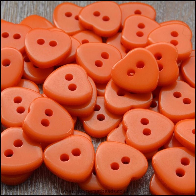 11mm Orange Resin Heart Shaped Buttons with 2 holes, pack of 50