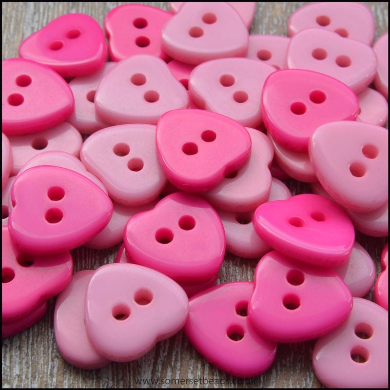 11mm Pink Resin Heart Shaped Buttons