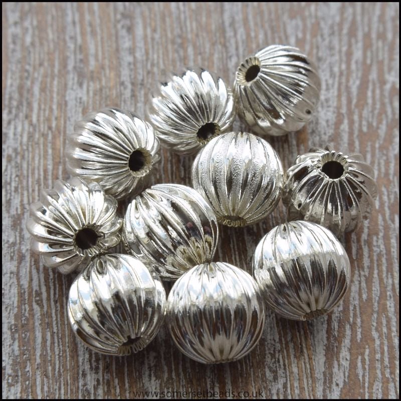 8mm Silver Corrugated Hollow Beads