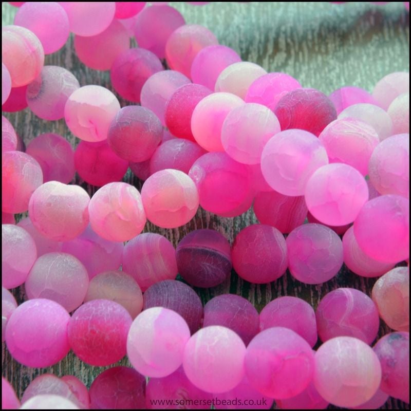 Approx 65, 6mm bright pink dyed plain round frosted agate gemstone beads