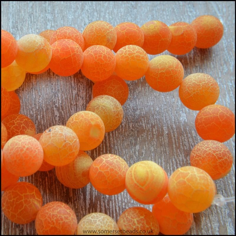 6mm Dyed Orange Frosted Agate Plain Round Beads
