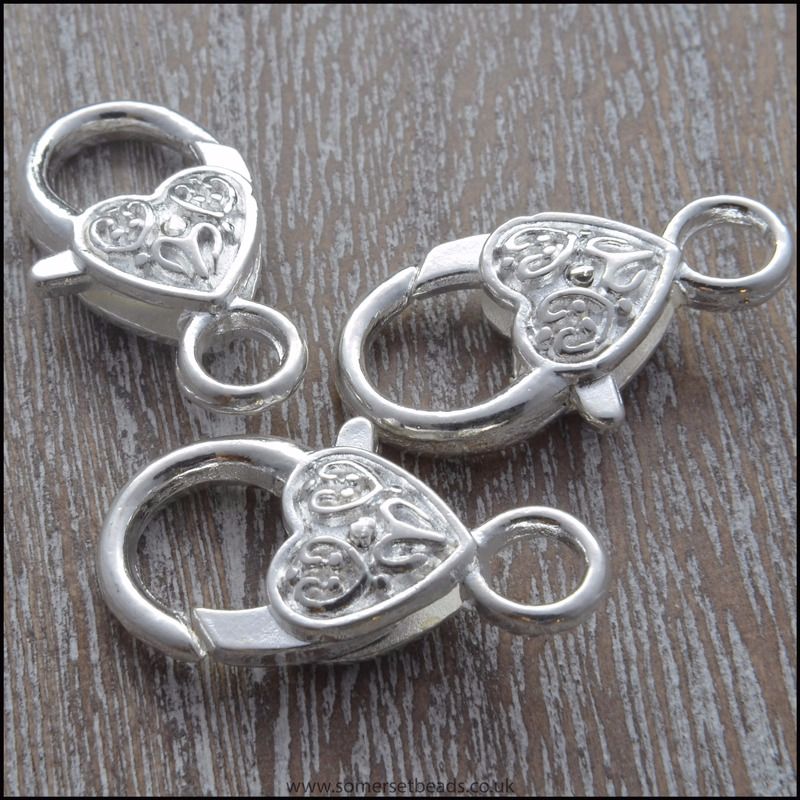 Large silver heart patterned lobster clasps for jewellery making