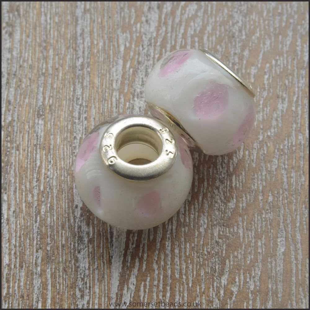White with Pink Dots Glass European Style Beads