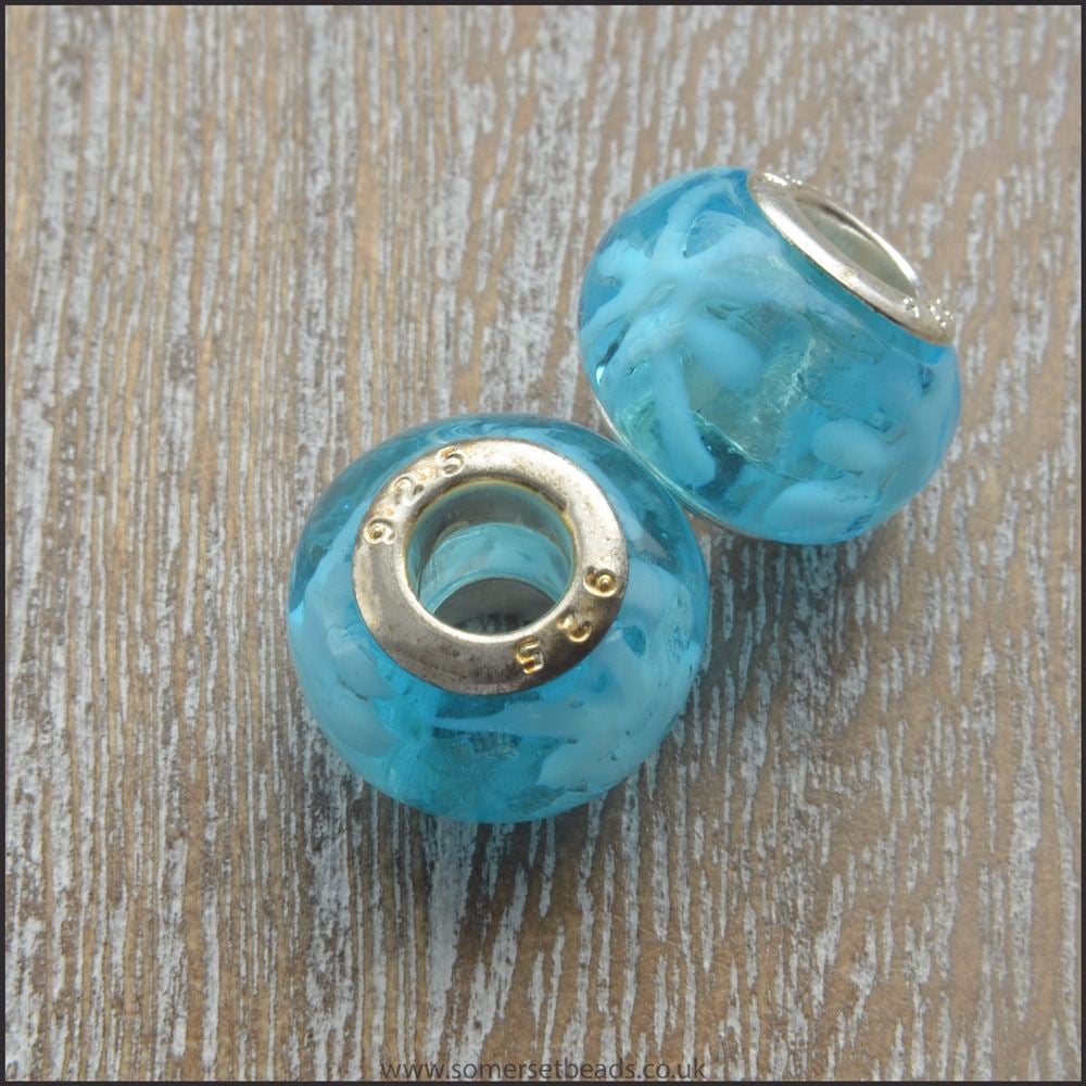 Blue and White Splatt Glass European Charm Beads