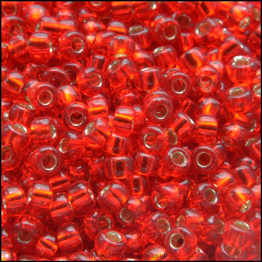 8/0 Silver Lined Flame Red Glass Miyuki Seed Beads - 8-10